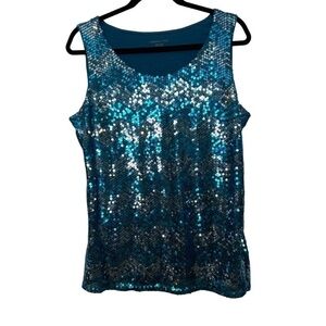 Coldwater Creek Sequin Chevron Pattern Sleeveless Teal & Silver Tank Top Sz.L/14